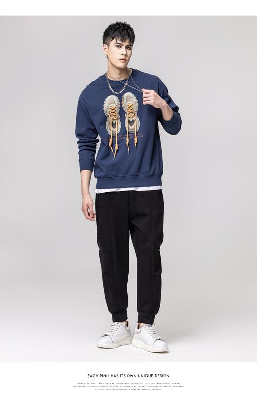 PINLI品立秋季新款男士圆领拼接鞋带压胶印花卫衣BG223209004 商品图2