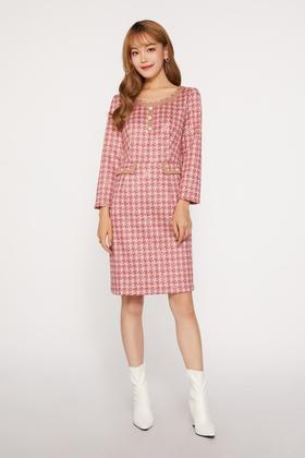 Le Malene 小香风粉色千鸟格连衣裙 10106
