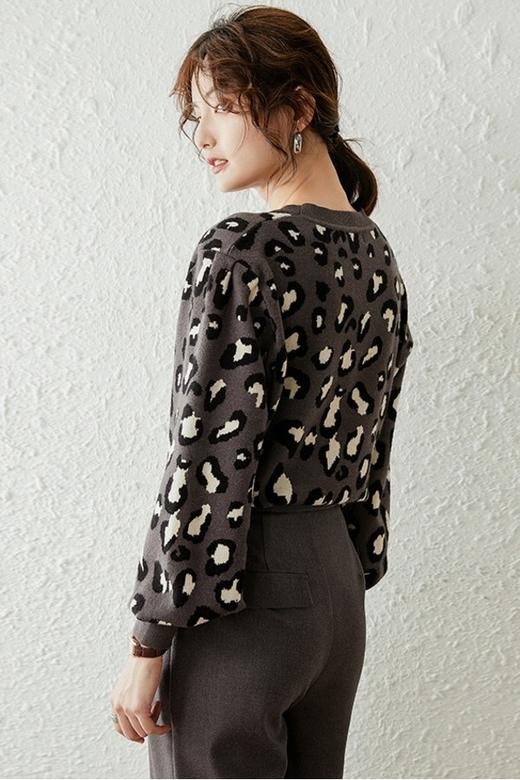 LOUIS YAO/白鹿语 撞色豹纹圆领垫肩廓形针织毛衣 10407 商品图2