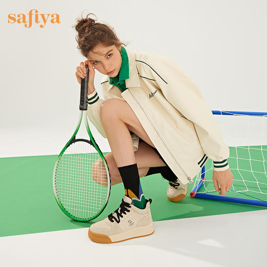【双旦福利】Safiya/索菲娅 复古学院风2022冬季新款高帮系带拼色加绒板鞋 SF24112124 商品图0