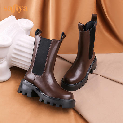 【新春秒杀】Safiya/索菲娅 潮流英伦风2022冬季新款高跟厚底复古真皮切尔西靴 SF24116180 商品图9