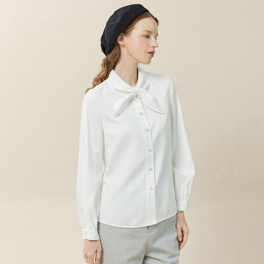 Famecoco范可儿白色蝴蝶结衬衫女设计感小众百搭长袖衬衣F228BH002 商品图1