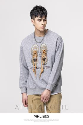 PINLI品立秋季新款男士圆领拼接鞋带压胶印花卫衣BG223209004