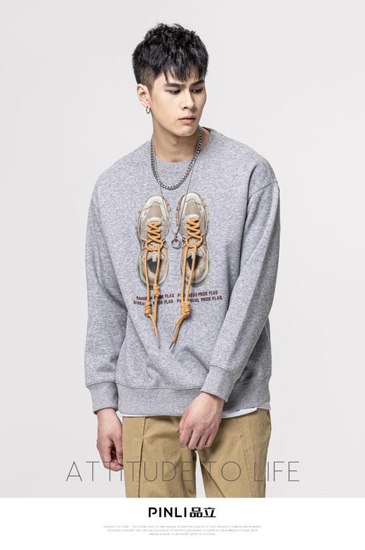PINLI品立秋季新款男士圆领拼接鞋带压胶印花卫衣BG223209004 商品图0