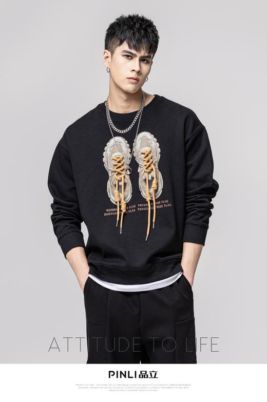 PINLI品立秋季新款男士圆领拼接鞋带压胶印花卫衣BG223209004 商品图1