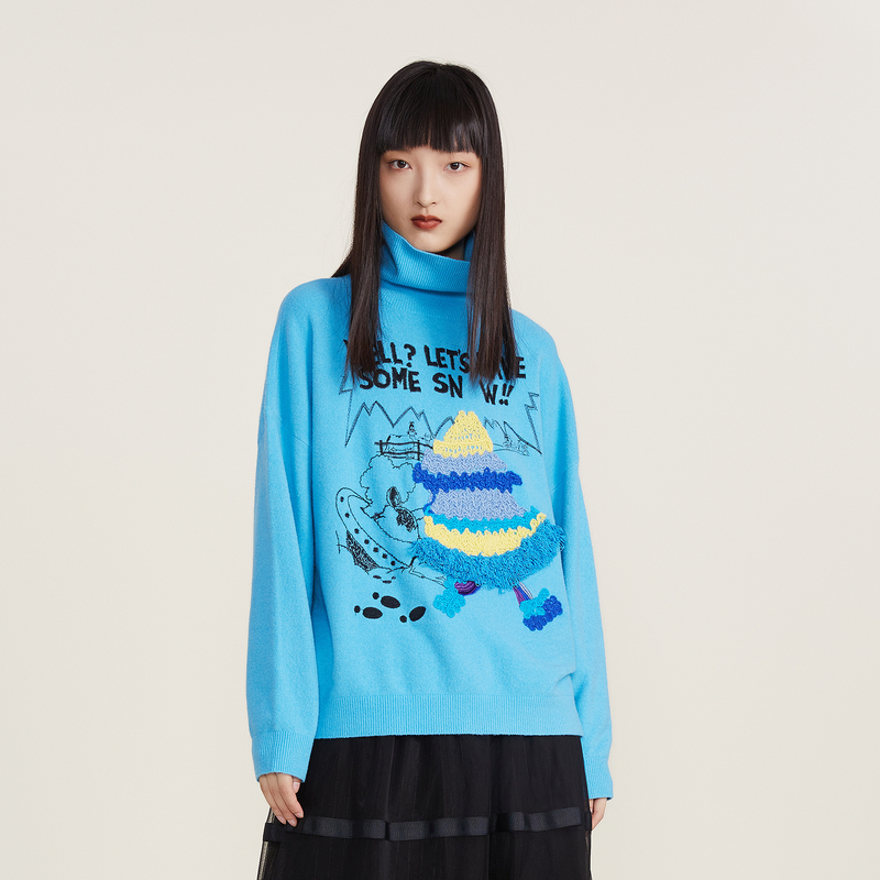 谜底2022冬新款高领套头针织衫女时尚百搭宽松手钩绣花224MZ1901