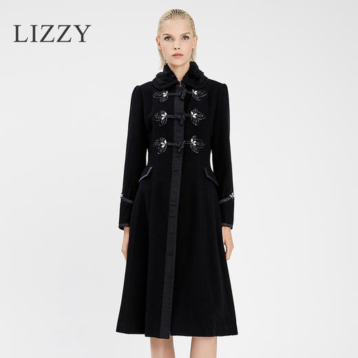 LIZZY 秋冬手工钉珠新中式翻领收腰毛呢大衣外套 商品图0