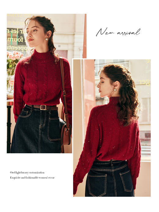 OLrain欧芮儿新年法式红色高领毛衣女冬季2024慵懒风套头针织上衣 商品图0