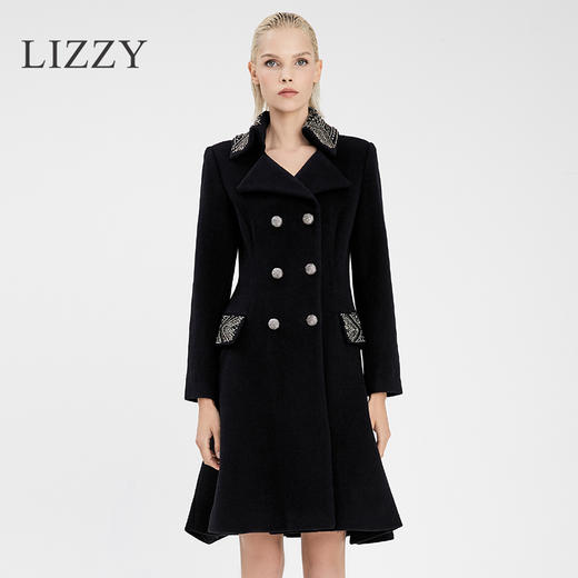 LIZZY 秋冬纯手工钉珠双排扣裙摆式羊毛大衣外套50831 商品图0