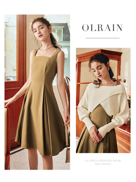 OLrain欧芮儿法式咖色时尚套装女秋冬2022年新款背带连衣裙两件套 商品图0