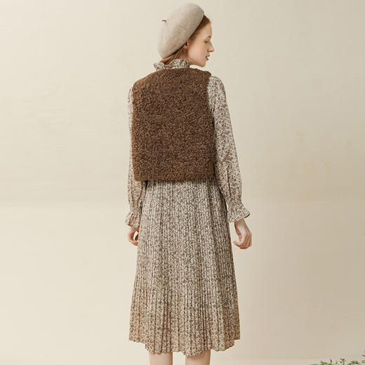 Famecoco范可儿圈圈毛马甲配连衣裙两件套印花雪纺裙套装F228EA002 商品图2