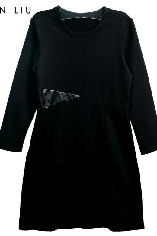 VIVIAN LIU R2257402 秋女装圆领腰间皮U分割线修身针织长袖连衣 商品图5