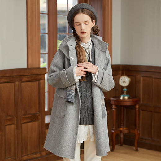 famecoco范可儿连帽呢子大衣女小个子冬季流苏牛角扣外套F228AR006 商品图2