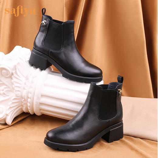 【春节不打烊】Safiya/索菲娅 款秋冬牛皮高跟2022冬季新圆头厚底切尔西烟筒靴SF24116046 商品图8