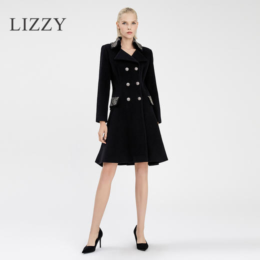 LIZZY 秋冬纯手工钉珠双排扣裙摆式羊毛大衣外套50831 商品图1