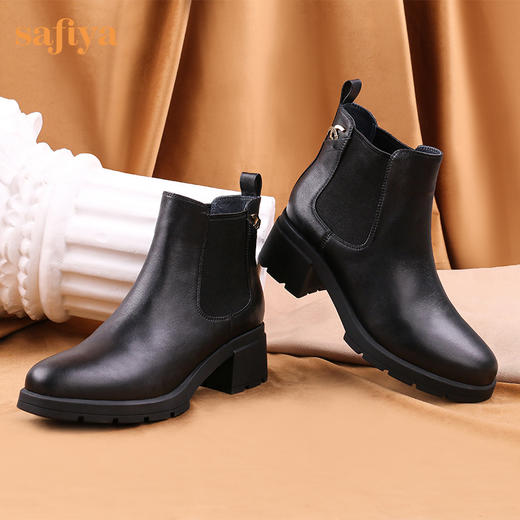 【春节不打烊】Safiya/索菲娅 款秋冬牛皮高跟2022冬季新圆头厚底切尔西烟筒靴SF24116046 商品图6