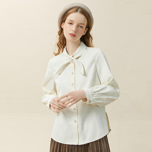 Famecoco范可儿白色蝴蝶结衬衫女设计感小众百搭长袖衬衣F228BH002 商品图3