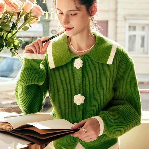 OLrain欧芮儿法式绿色针织开衫女春季2024新款森系泡泡袖毛衣外套 商品图0