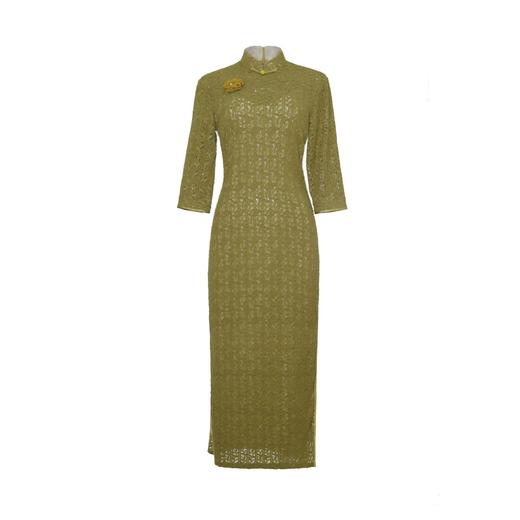 【秋香】柔软舒适秋香绿长款羽毛纱长款改良旗袍HQJ878 商品图4