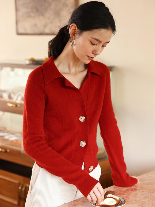 【直播间】HeyDress法式复古羊毛针织开衫女秋季polo领慵懒短款毛衣 商品图2