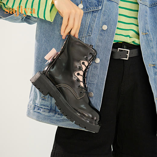 【限时秒S】Safiya/索菲娅 辣妹炸街2022冬季新款开拆卸小众撞色蝴蝶结厚底马丁靴 SF24116109 商品图8