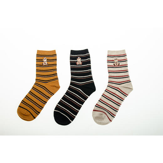 【6双6折】女 | 女士发热纤维双针条纹小熊刺绣女袜【粉色袜卡单双包】【2222807】 商品图0