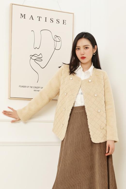 amadella 香槟色无领双排扣毛毛外套 14982 商品图0