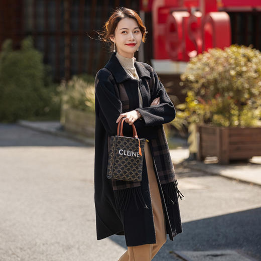 复古洋气格子拼接，宽松休闲过膝双面羊绒大衣外套HR-YBER2315 商品图3