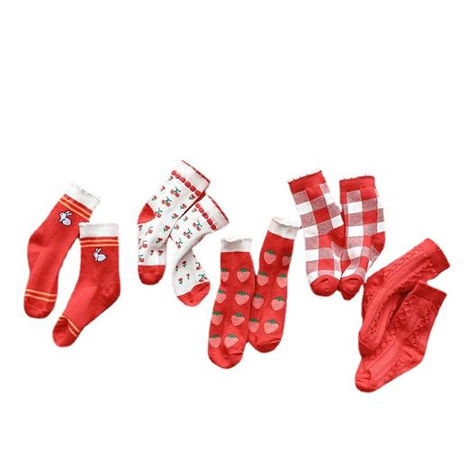 孙姑娘5双装儿童袜子3-12岁秋冬新款可爱红色袜中筒袜男女童学生运动袜 商品图4