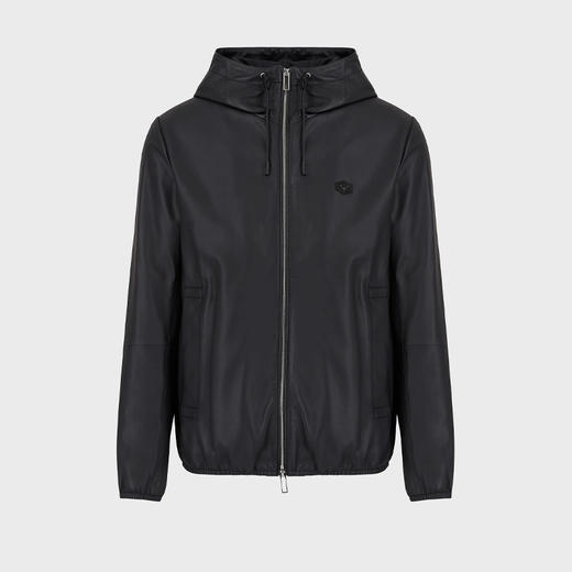 EMPORIO ARMANI 阿玛尼 男士羊皮徽标贴花连帽皮衣外套 深蓝色 01R54P 01P54 922 商品图0