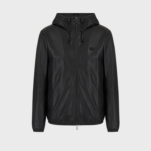 【二】EMPORIO ARMANI 阿玛尼 男士羊皮徽标贴花连帽皮衣外套 黑色 01R54P 01P54 999 商品图0