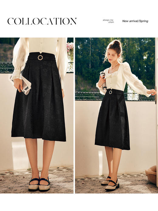 OLrain欧芮儿法式黑色半身裙女秋季2022新款气质名媛提花A字伞裙 商品图1