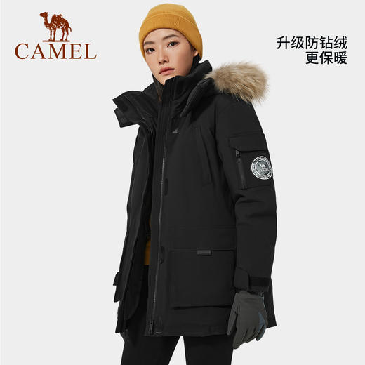 CAMEL骆驼户外羽绒服男毛领黑色冬季新款时尚中长款加厚鸭绒外套女 AA22264036A_AA22264036 商品图3