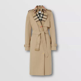 BURBERRY 巴宝莉 女士格纹裁片棉质嘎巴甸 Trench 中长款束腰风衣 卡其色 8060735 A1366