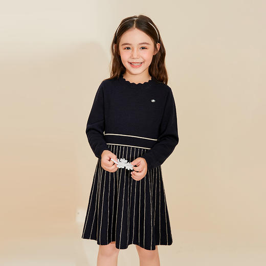【童装针织拼接连衣裙】秋冬新品女宝气质收腰中长款条纹连衣裙 商品图2