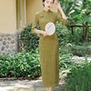 【秋香】柔软舒适秋香绿长款羽毛纱长款改良旗袍HQJ878 商品缩略图0