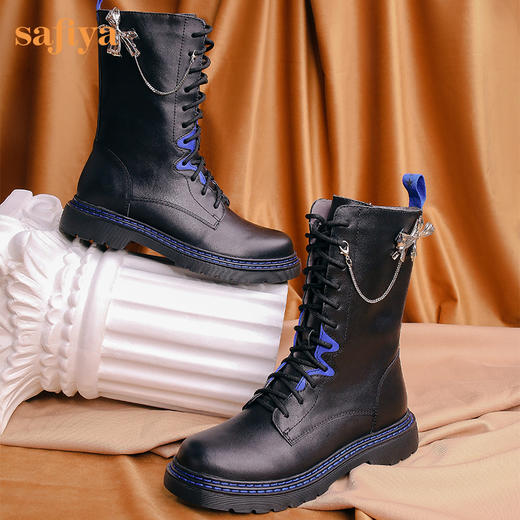 【春节不打烊】Safiya/索菲娅 潮酷设计感2022冬季新款小众撞色系带厚底马丁靴 SF24116055 商品图7