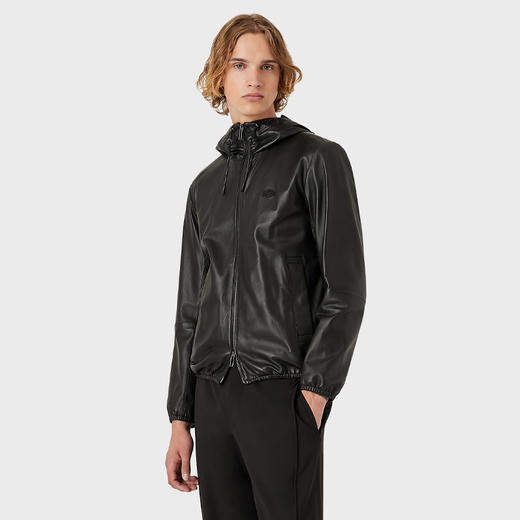 【二】EMPORIO ARMANI 阿玛尼 男士羊皮徽标贴花连帽皮衣外套 黑色 01R54P 01P54 999 商品图1