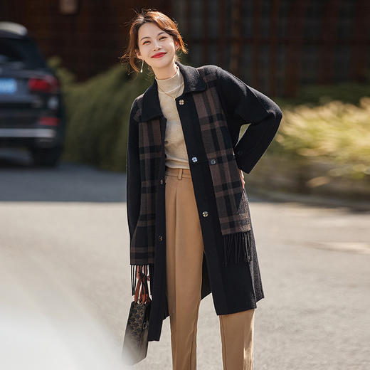 复古洋气格子拼接，宽松休闲过膝双面羊绒大衣外套HR-YBER2315 商品图2