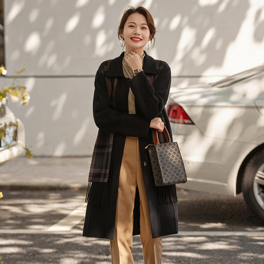 复古洋气格子拼接，宽松休闲过膝双面羊绒大衣外套HR-YBER2315 商品图1