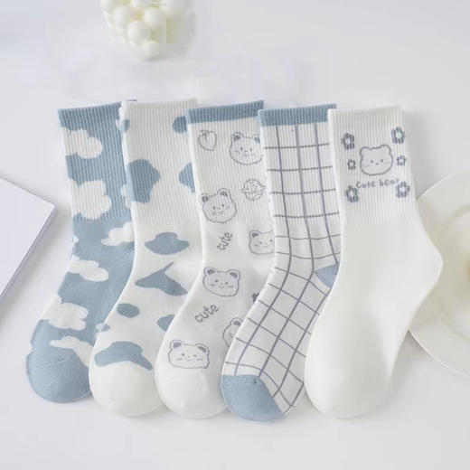 「5双装！9款配色」秋冬款袜子 女运动学院风可爱中筒保暖女士高筒棉袜配饰 商品图2