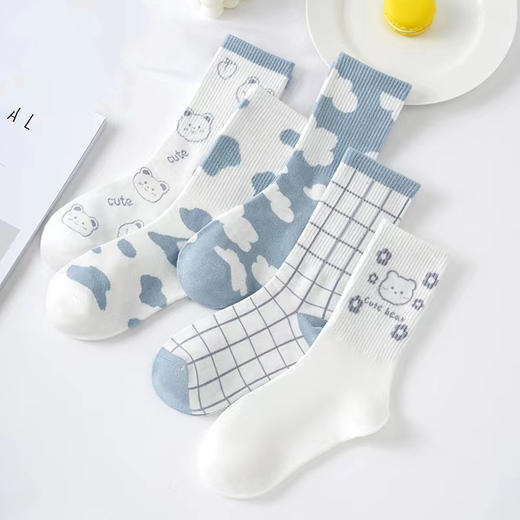 「5双装！9款配色」秋冬款袜子 女运动学院风可爱中筒保暖女士高筒棉袜配饰 商品图0