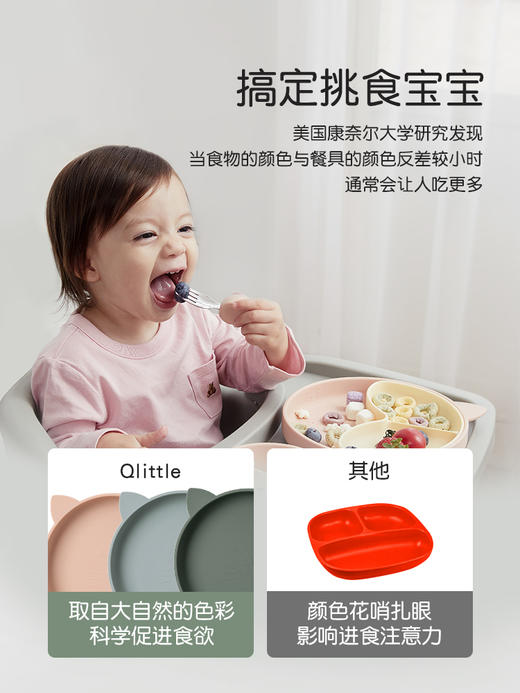Qlittle儿童餐盘宝宝辅食防摔防烫吸盘式食品级硅胶分格餐盘套装 商品图4