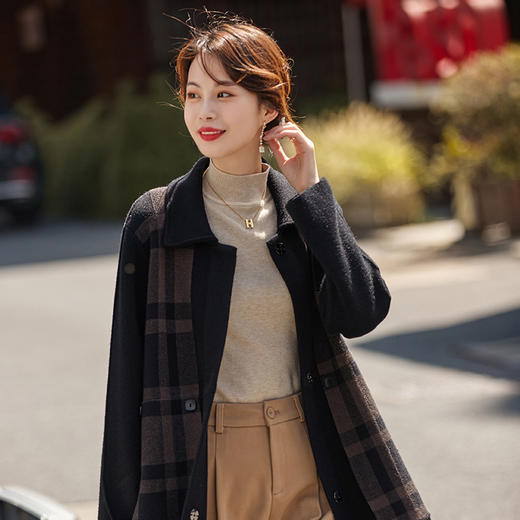复古洋气格子拼接，宽松休闲过膝双面羊绒大衣外套HR-YBER2315 商品图4