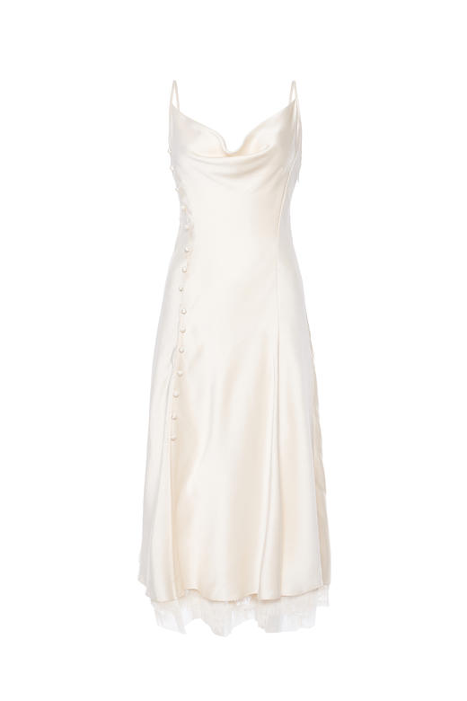 哑光双绉蕾丝拼接细吊带修身连衣裙 商品图1