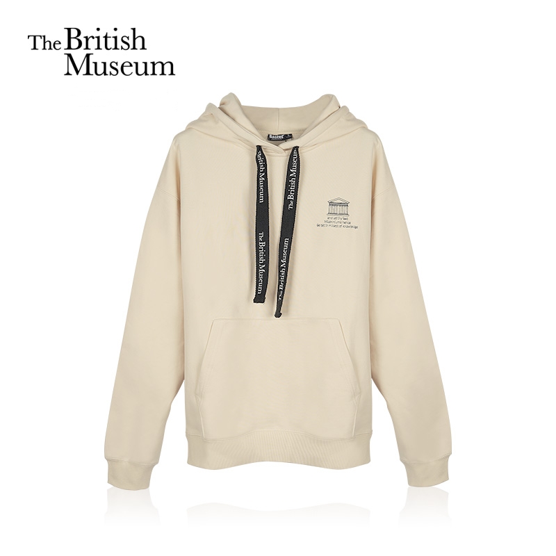 大英博物馆logo系列建筑刺绣男女同款米色连帽街头潮流休闲卫衣