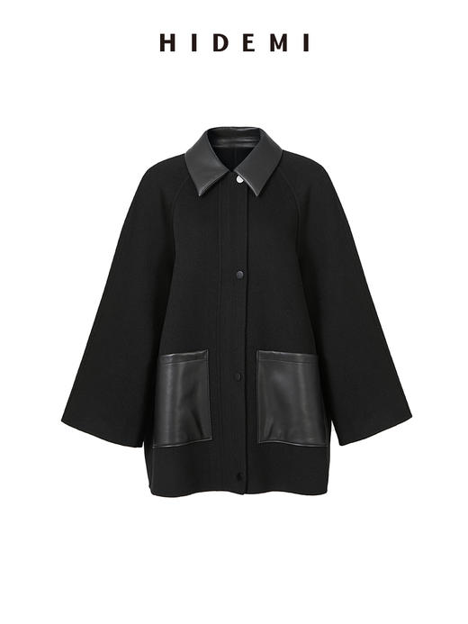 HIDEMI 美利奴羊毛廓形拼皮口袋中长款皮衣大衣 商品图12