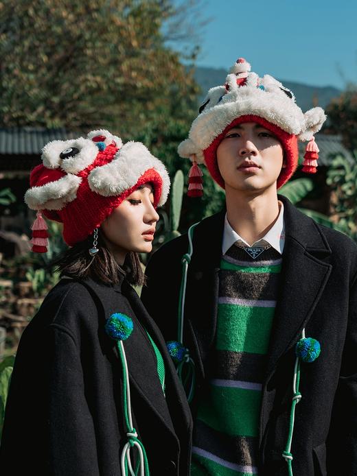 【1.21-2.6停发】芽小七原创国潮红色醒狮毛线保暖帽子成品男女冬季东北加绒防寒 商品图4