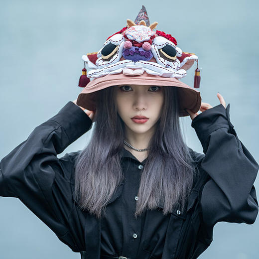 【2.10停发】芽小七原创国潮醒狮夏季手工渔夫帽情侣款大帽檐盆帽遮阳帽防晒 商品图0