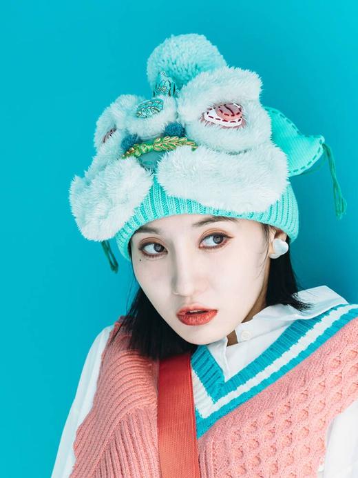 【2.10停发】芽小七原创手工国潮青色醒狮毛线帽子女秋冬百搭毛织保暖运动帽 商品图1